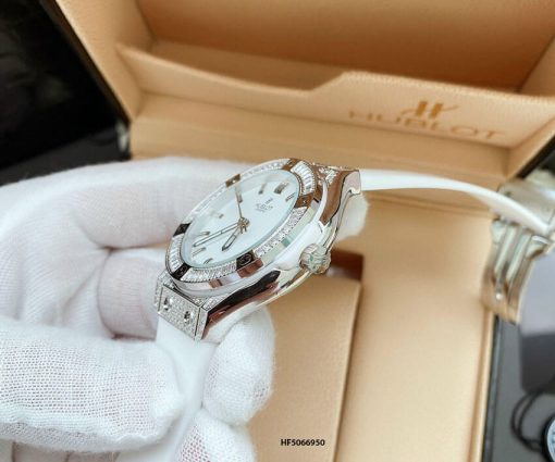 Đồng hồ Hublot nữ dây cao su Bigbang Diamond sliver dây màu trắng