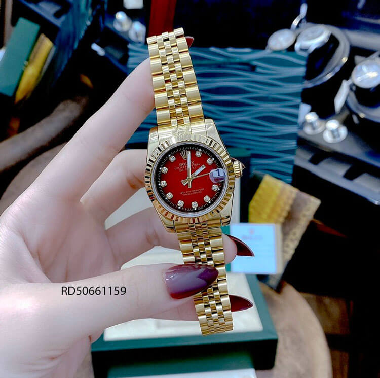Đồng hồ Nữ Rolex Datejust vàng mặt đỏ cao cấp