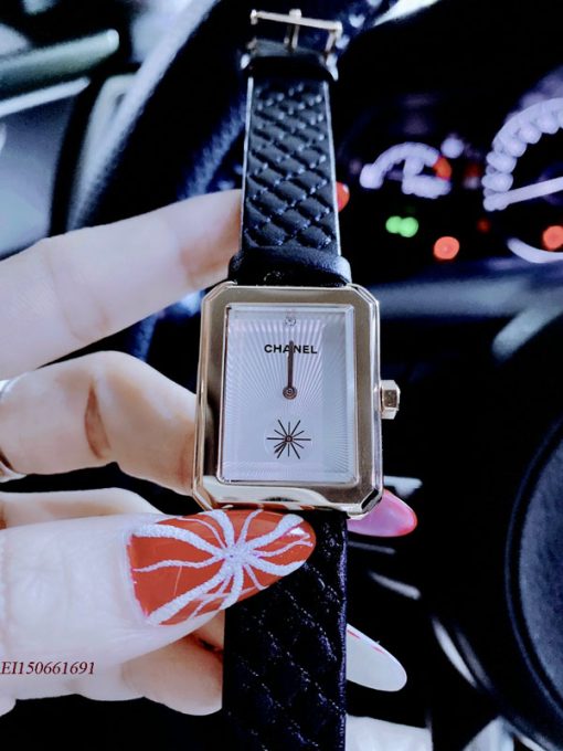 Đồng hồ Nữ Chanel Boy Friend dây da đen hình quả trám cao cấp viền vàng